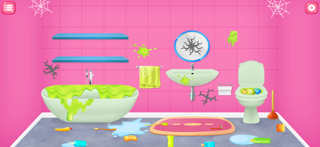 Doll Home: ASMR Cleaning Games - Messy pink doll house bathroom with green slime and wall cracks ready for cleaning and repair