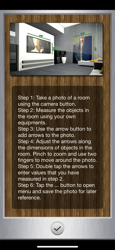 Tela de tutorial explicando como adicionar setas e valores de medição a uma foto de ambiente