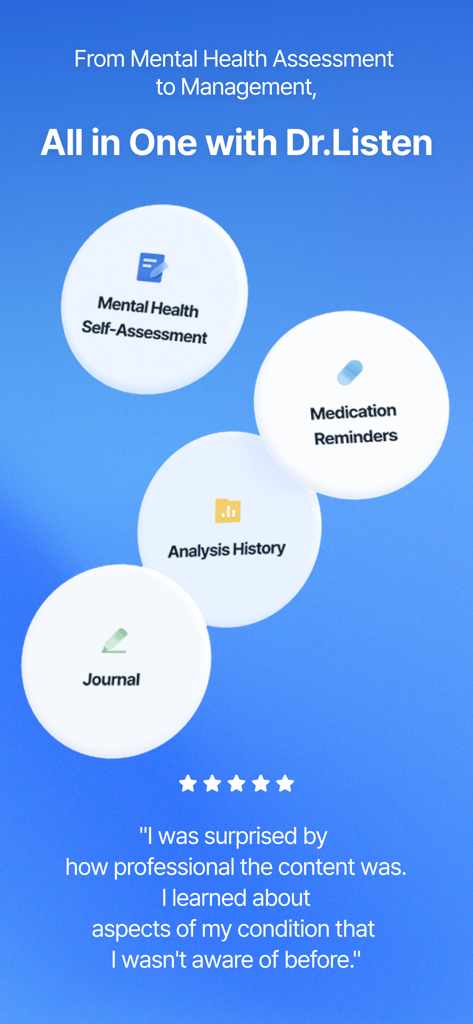 Dr.Listen - Dr.Listen app features overview showing mental health assessment medication reminders and analysis tools