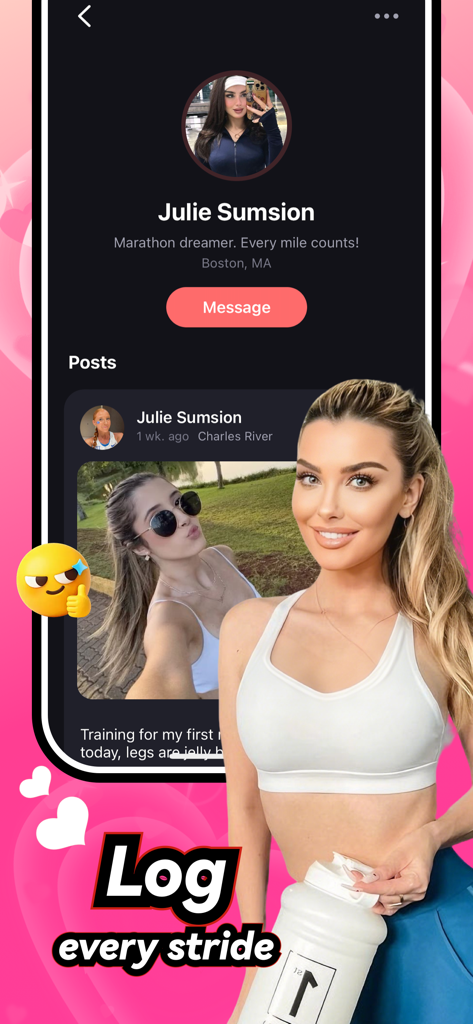 Flexi - Chat&Share - Uma interface de perfil de usuário para o aplicativo Flexi mostrando uma postagem de fitness e uma mulher segurando uma garrafa de água grande com o texto Registre cada passo