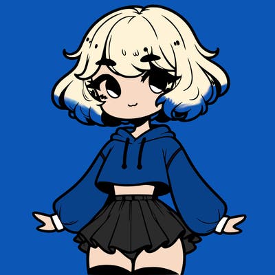 cute femboy with short, fluffy hair that softly frames their face, wearing a cropped hoodie, paired with a flouncy short skirt, and thigh-high stockings