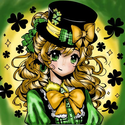 a manga-style girl with clovers around her, a little hat in her hair, like it's saint patrick's day