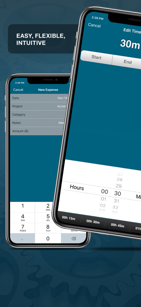 OfficeTime Time Keeper Pro - Screenshots of the OfficeTime app on iPhone showing new expense entry and time tracking edit screens.