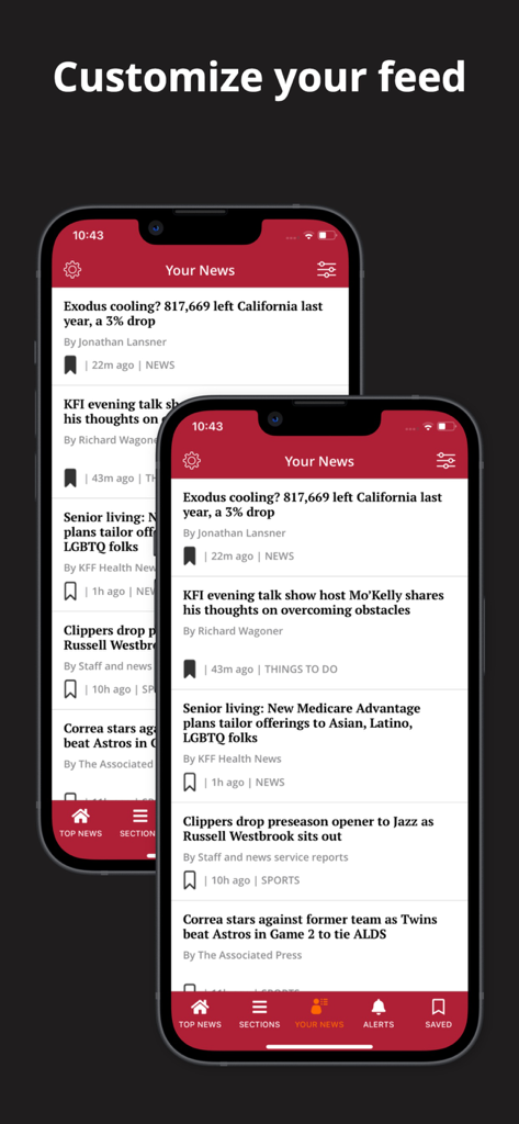 The Press-Enterprise app showing a personalized news feed with local California articles on an iPhone.