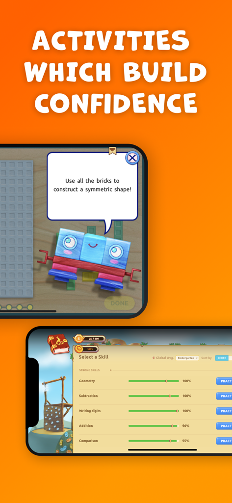 Interface do aplicativo Matific exibindo um desafio de geometria e um painel rastreando a maestria de habilidades matemáticas