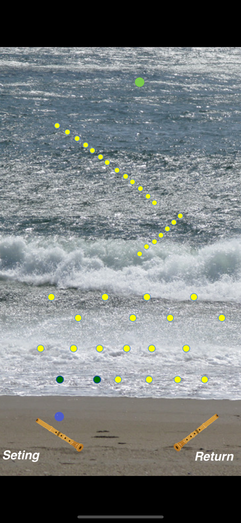 Generative music app interface with dots falling over an ocean background and traditional flutes