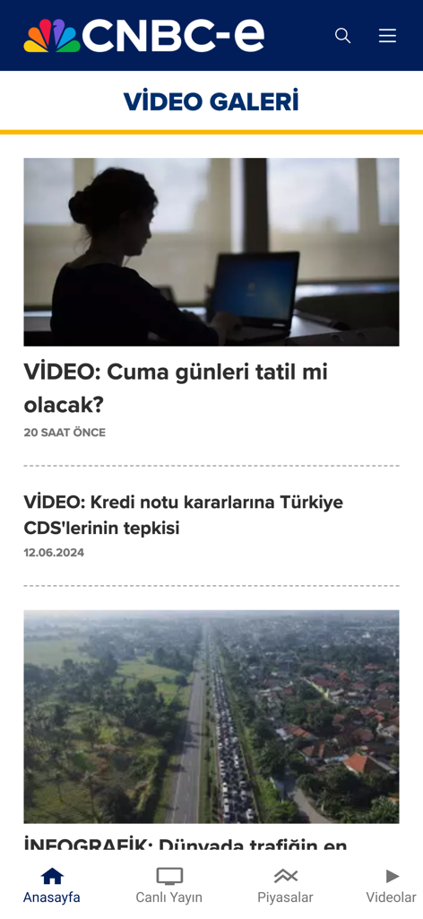 CNBC-e - CNBC-e mobile app video gallery screen showing news videos about economy and social topics in Turkey.