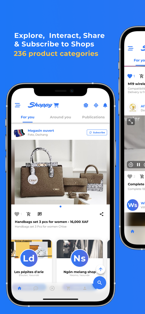 ShoppyMS: Shop Near You - Interfaz de la aplicación móvil ShoppyMS que muestra un feed de productos locales con bolsos y suscripciones a tiendas
