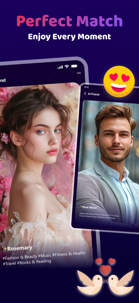SweetTalk: Your AI Girlfriend - Interfaz de la aplicación SweetTalk que muestra dos perfiles de personajes IA bajo el encabezado Pareja Perfecta
