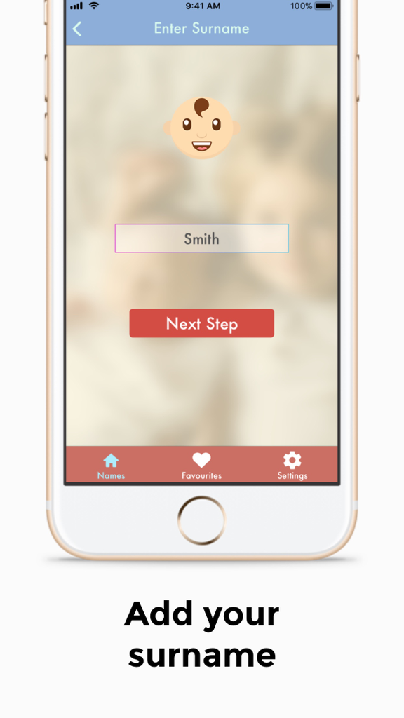 Baby Names Generator - ベビーネームジェネレーターアプリのスクリーンショットで、家族の苗字を入力する画面が表示されています。