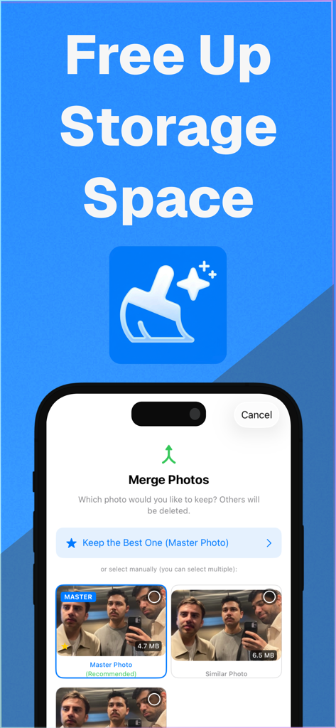 Storage Cleaner - iCleanup - Interface of iCleanup app showing how to merge similar photos to free up storage space
