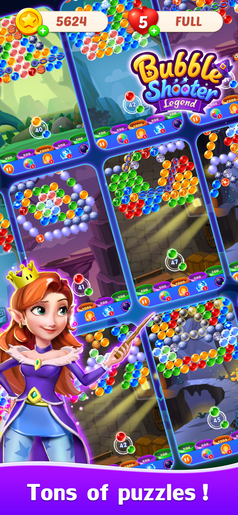 Gameplay preview of Bubble Shooter Legend showing various puzzle levels and a magic princess character.