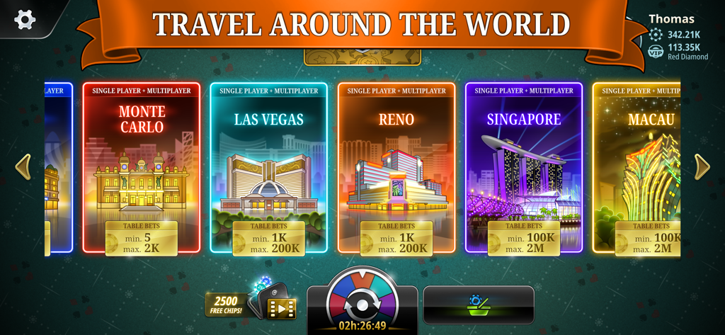 Auswahlbildschirm für internationale Blackjack-Tische wie Las Vegas und Monte Carlo