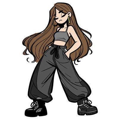girl in baggy pants crop top and long hair