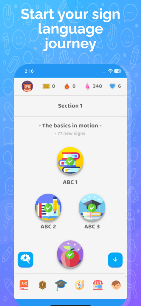 InterSign ASL app interface displaying the gamified lesson map for learning sign language basics