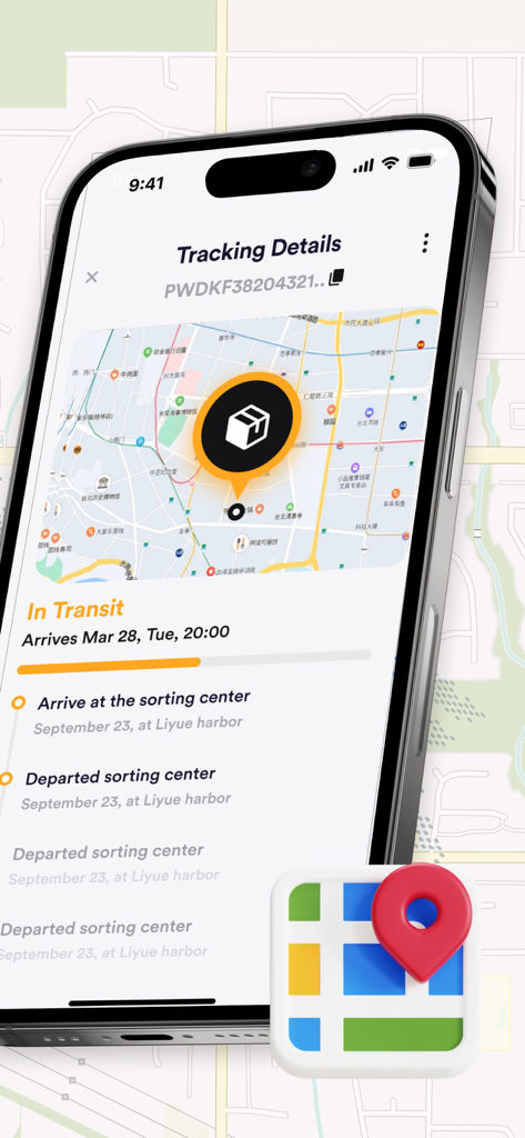 Package Tracker - Tracking App - Smartphone interface showing real-time package tracking with a map and delivery status timeline