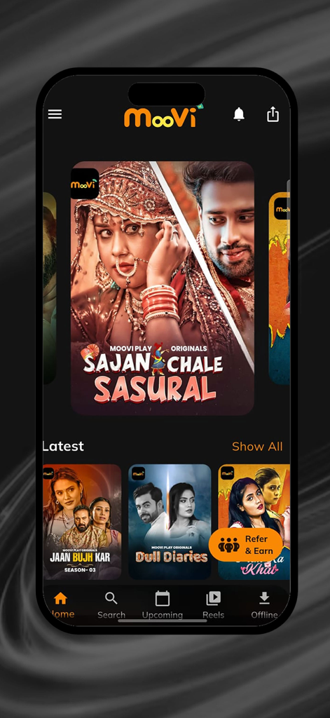 Moovi Play app home screen displaying exclusive regional web series and movies