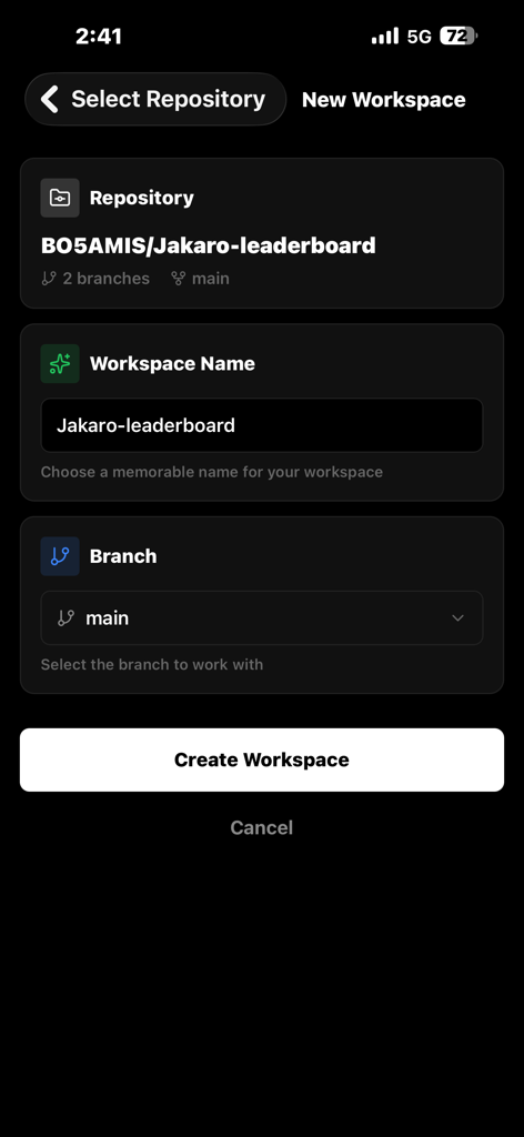 Sifr IDE - Interface of Sifr IDE showing the creation of a new workspace with repository and branch selection.