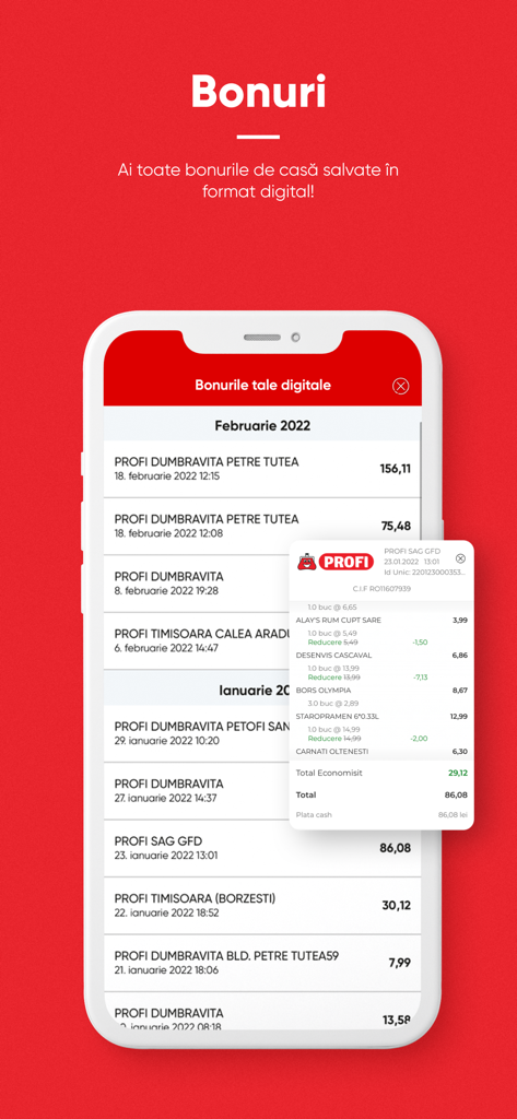 Profi - Profi 앱의 디지털 영수증 기록을 보여주는 모바일 화면