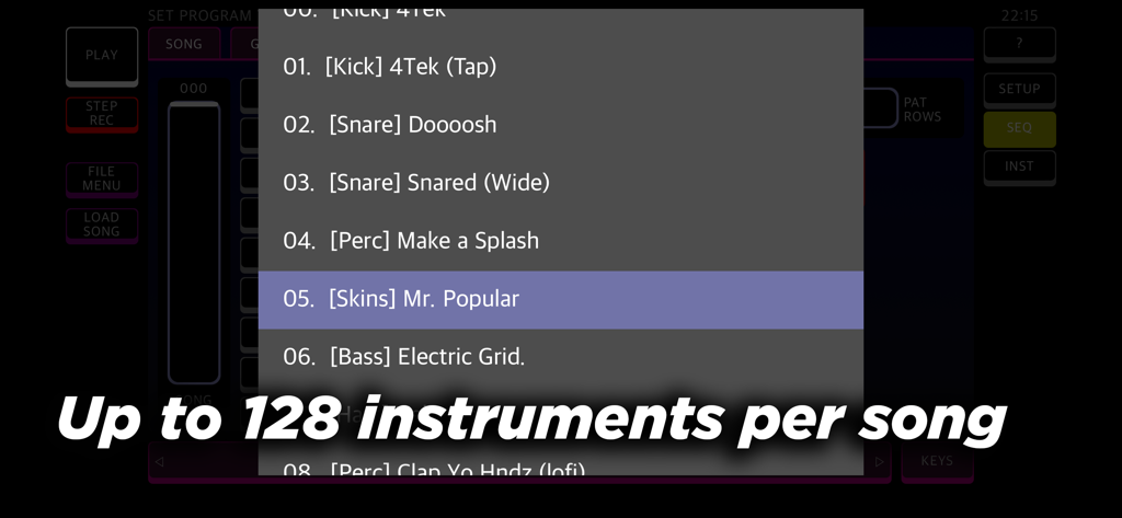 ANILOG - Screenshot of the ANILOG app showing a scrollable list of instrument presets including kicks, snares, and bass sounds with a caption stating up to 128 instruments per song.