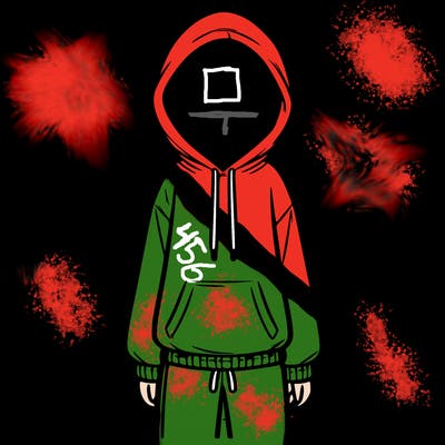 faceless girl in a tracksuit with a hood on and no hair