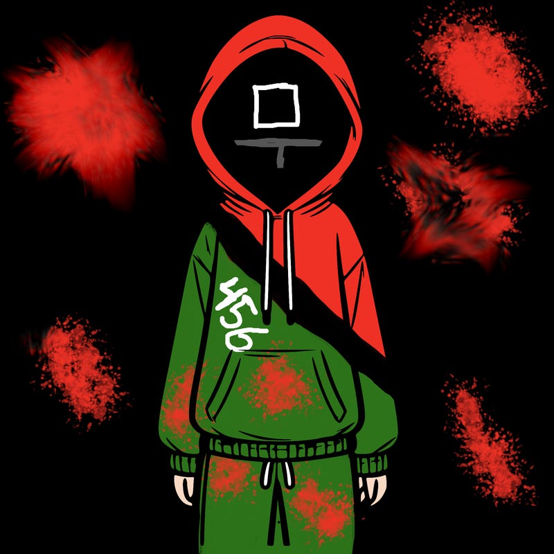 faceless girl in a tracksuit with a hood on and no hair