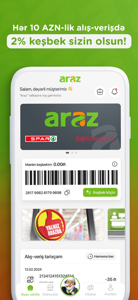 Araz Supermarket - Araz Supermarket mobile app home screen showing a digital loyalty card with barcode and cashback information