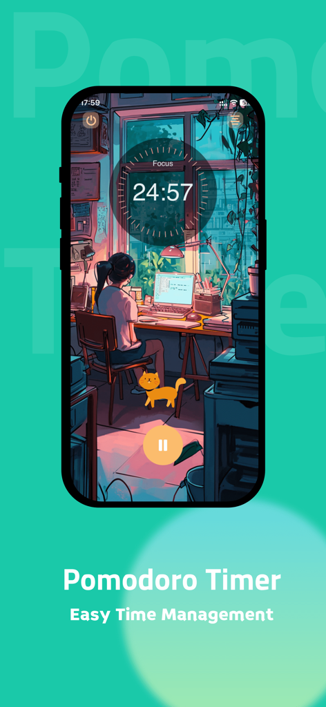Aesthetic Pomodoro timer with a cozy study scene and a lucky cat