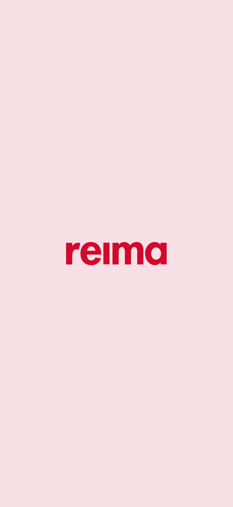 A tela de introdução do aplicativo Reima mostrando o logotipo vermelho da marca em um fundo rosa claro.