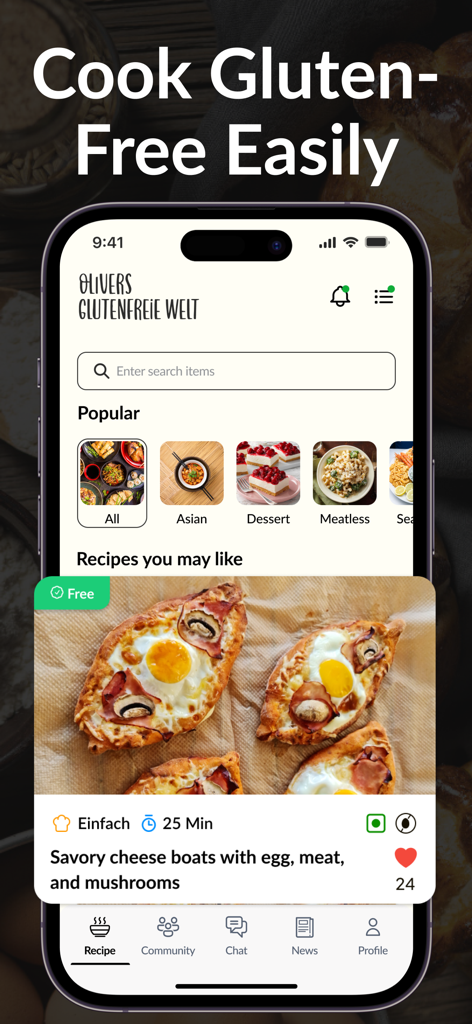 Olivers Gluten Free World - Pantalla de inicio de la aplicación Oliver's Gluten Free World mostrando una receta de pastel salado de queso y varias categorías de alimentos como asiática y postres.