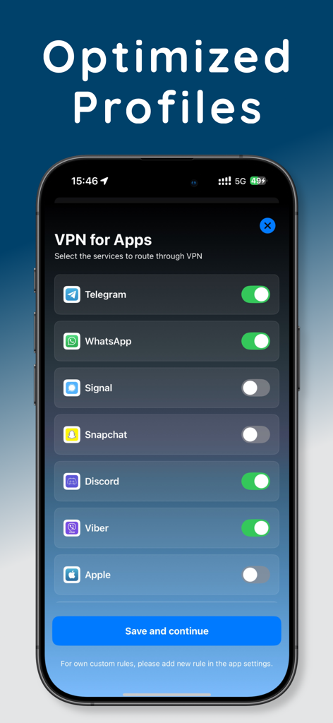 Screenshot of V2Speed VPN app showing a list of apps with toggle switches to select which services to route through the secure tunnel