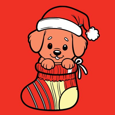 cute puppy wearing santa hat in socking
