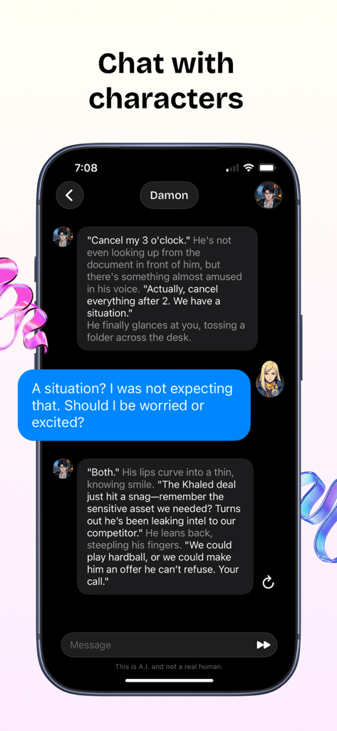 Interface of Swerve AI Chat app showing a roleplay conversation with an AI character named Damon.