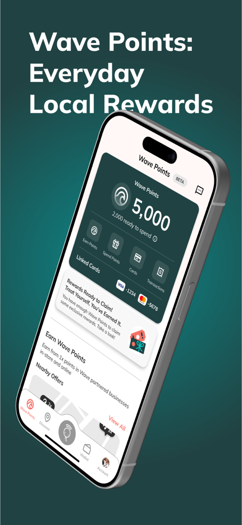 Schermata di uno smartphone che mostra l'app SQUID Rewards con un saldo punti Wave e funzionalità dei programmi di fedeltà locali.