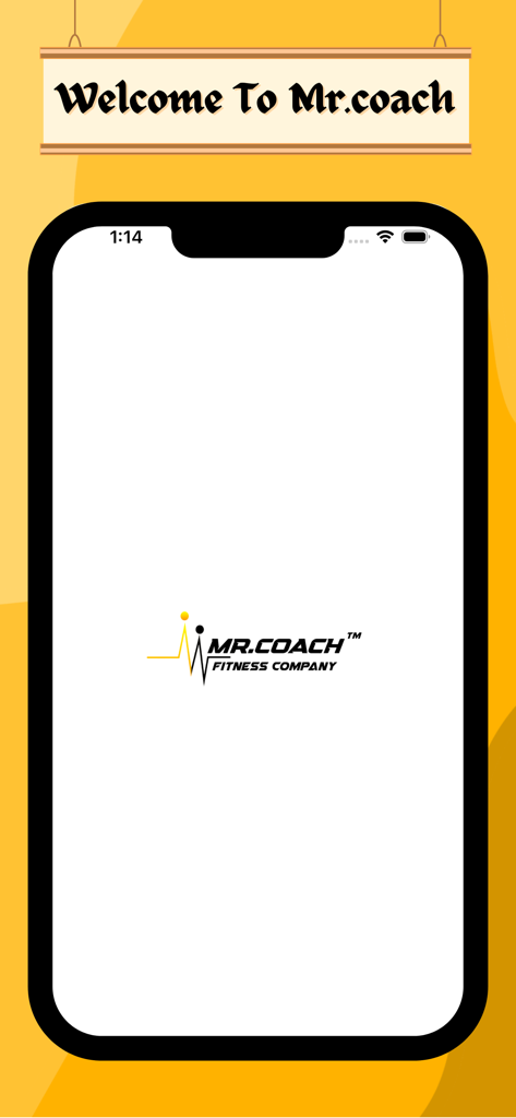 Mr Coach - Tela de boas-vindas do aplicativo Mr Coach Fitness com o logotipo da empresa.