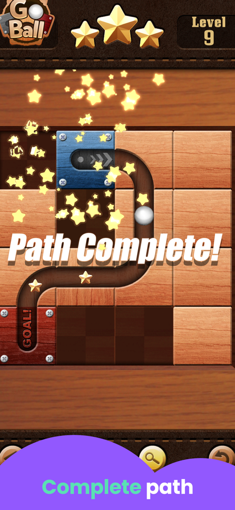 A completed level in the Go Ball tile puzzle game for kids showing the ball reaching the goal and the text Path Complete