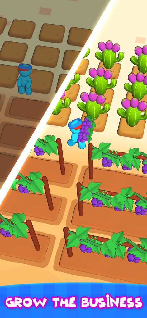 A blue character harvesting purple fruit from organic plants in the My Mini Mart game