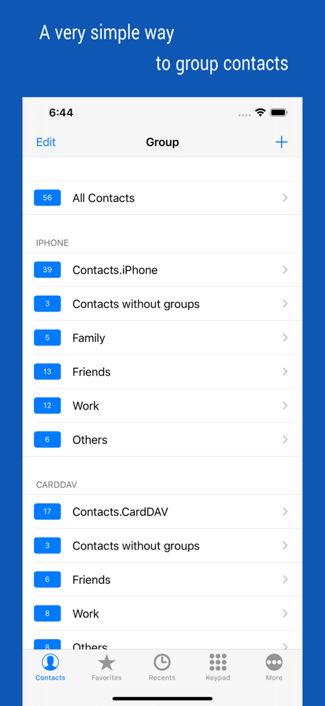 Interface of the iContacts plus app showing contacts organized into groups like Family Friends and Work