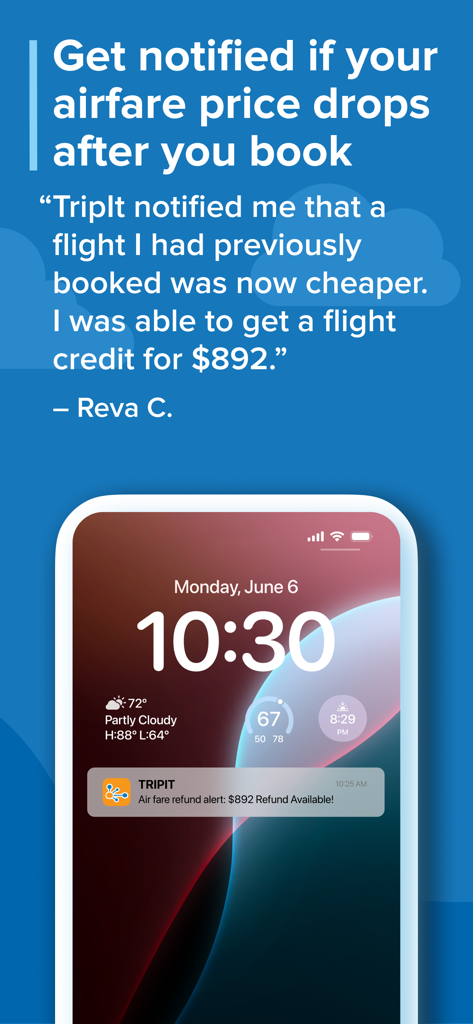 TripIt: Travel Planner - Tela de bloqueio de um iPhone mostrando uma notificação do TripIt para um alerta de reembolso de passagem aérea