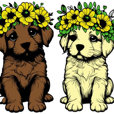 realistic puppy’s with flower crowns