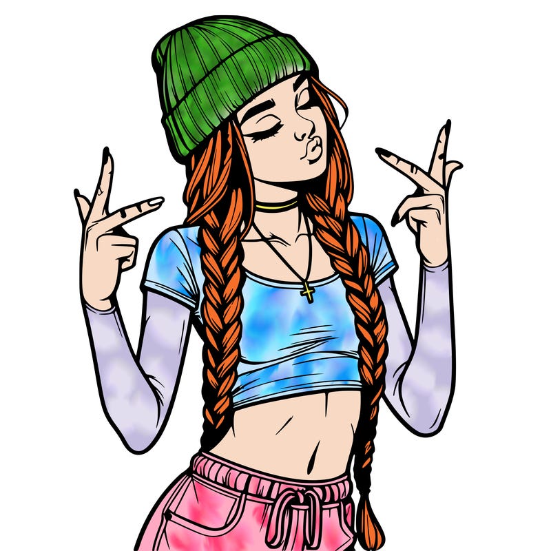 realistic teenage girl with braids and a beanie and crop top doing 🫶🏼