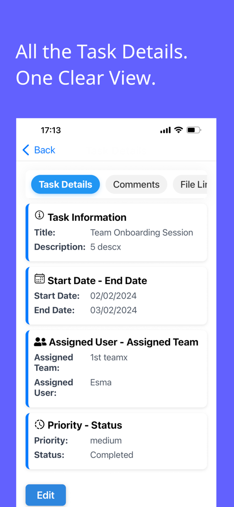 GanttMaster - Manage Projects - GanttMasterアプリのタスク詳細画面。タスク情報、開始日、終了日、割り当てられたユーザー、優先度ステータスを表示。