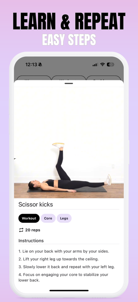 Lose Belly Fat Workout At Home - Mobile app screen displaying scissor kicks exercise instructions for a core and legs workout