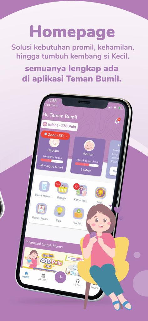 Teman Bumil app homepage on a smartphone showing pregnancy and child development tracking tools