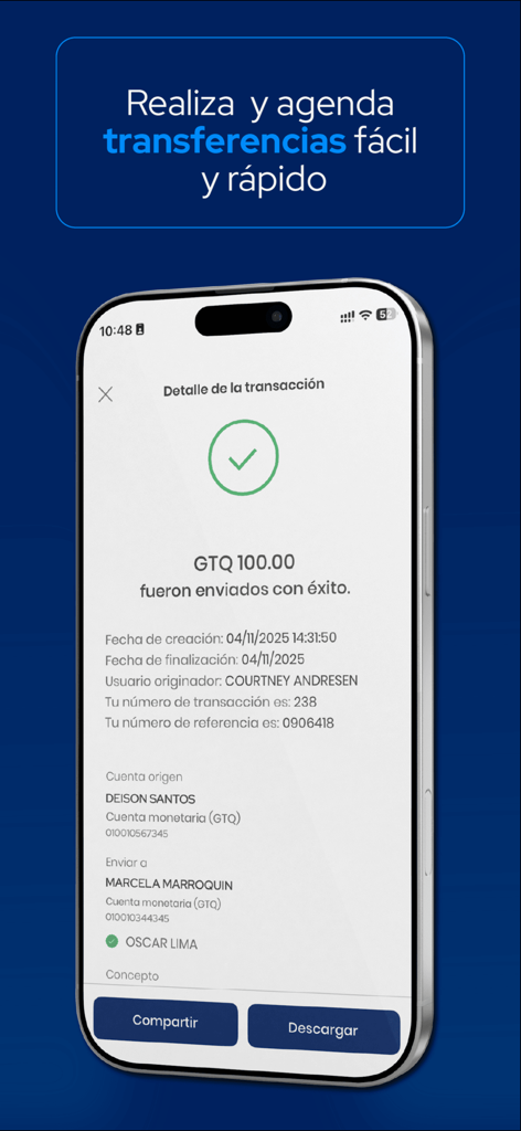 CHN Móvil - Erfolgreicher Geldtransfer-Bestätigungsbildschirm in der CHN Movil App