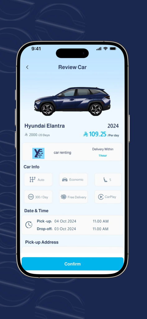 قو ستير | Go Steer - Go Steer mobile app screen displaying a car rental summary for a 2024 Hyundai Elantra with pricing and booking details.