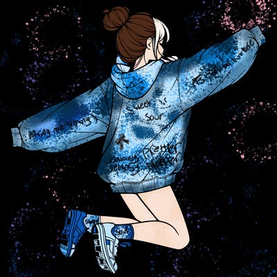 realistic girl jumping with a bun and oversized sweatshirt