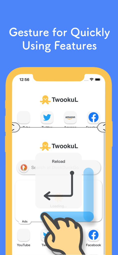 TwookuL - Split Screen Browser - Uma mão usando um gesto de deslizar para recarregar uma página no navegador de tela dividida TwookuL