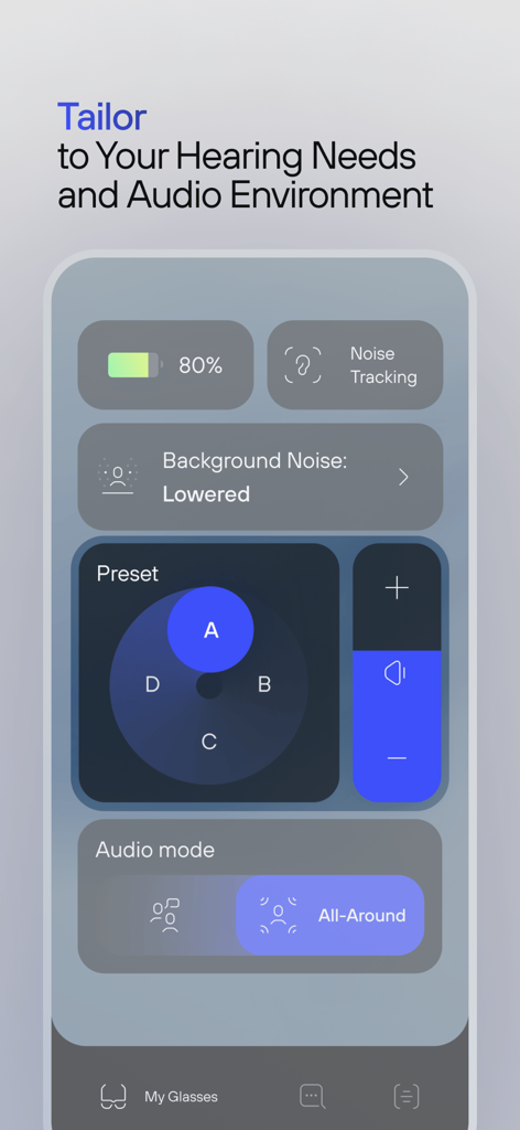 Nuance Audio app interface showing hearing customization and noise management settings