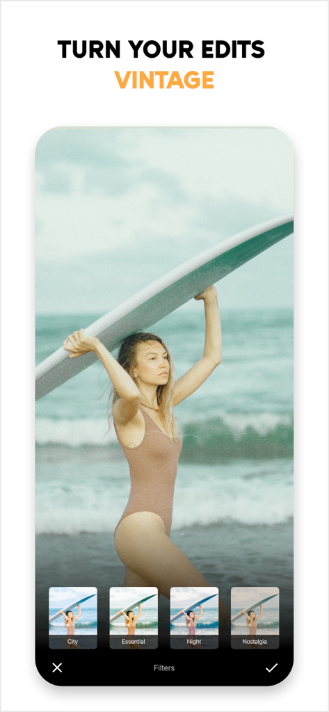 Photo Editor Effects + Filters - Mobile app interface showing vintage filter options applied to a beach photo of a surfer